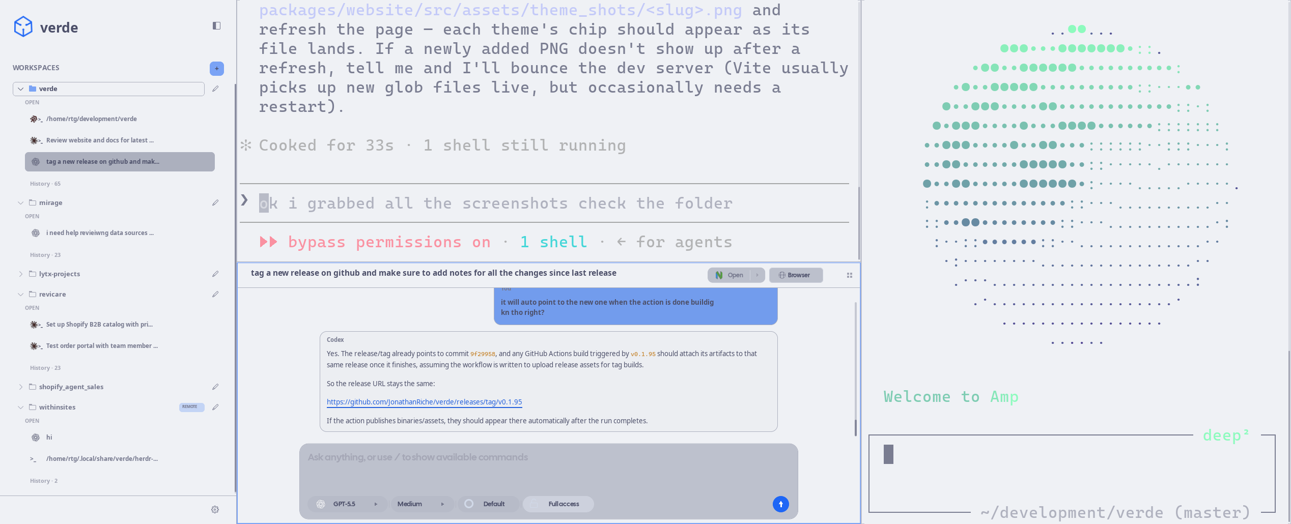The Verde desktop app: a sidebar of workspaces and threads beside a tiling layout with an agent chat pane, a terminal session, and the Amp TUI.